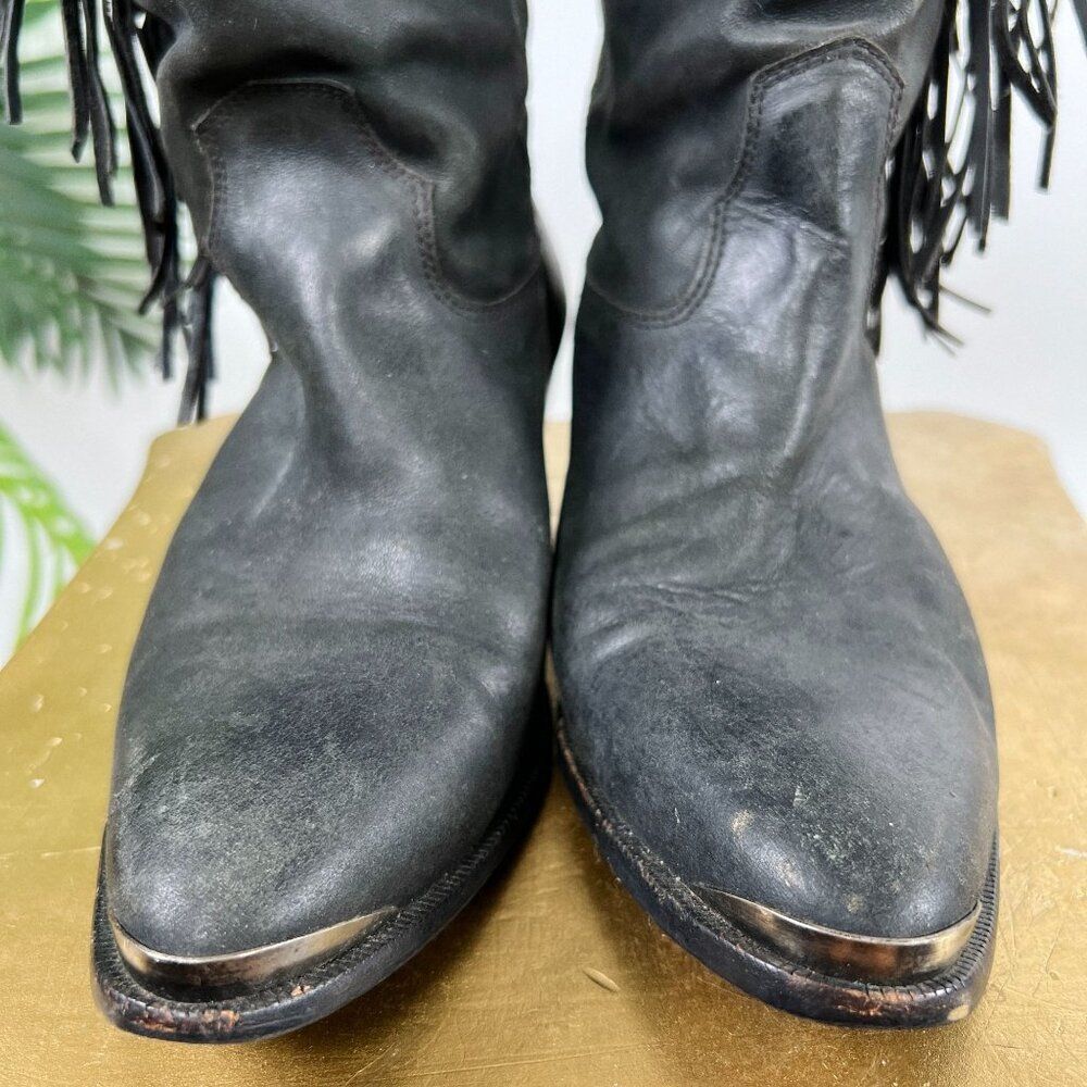 Women's Vintage 90s Black Cowgirl Western Biker Fringe Leather Boots / 8 - Picture 6 of 11
